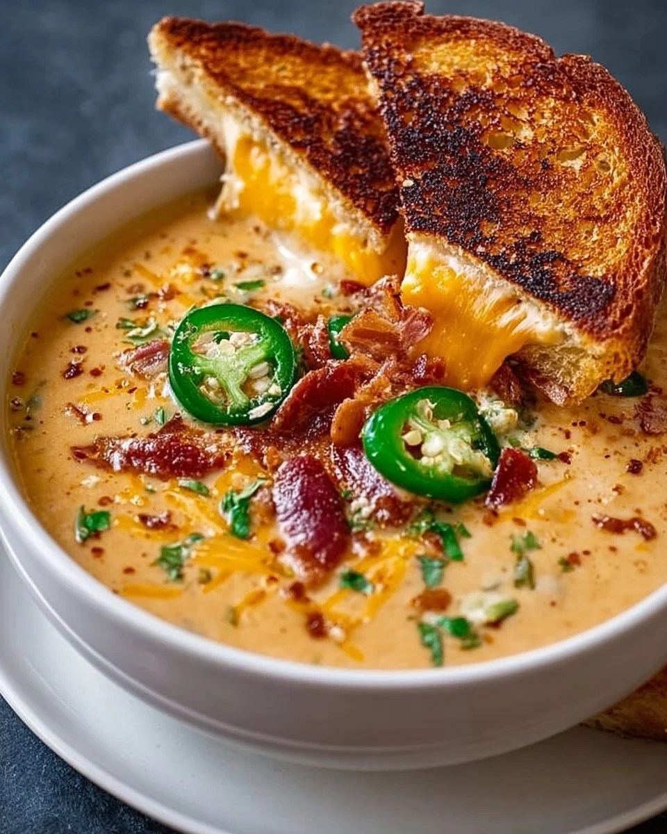 Spicy Jalapeño Popper Soup with Grilled Cheese Dippers