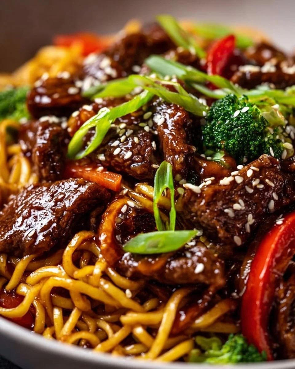 Delicious sticky beef noodles garnished with fresh herbs and vegetables