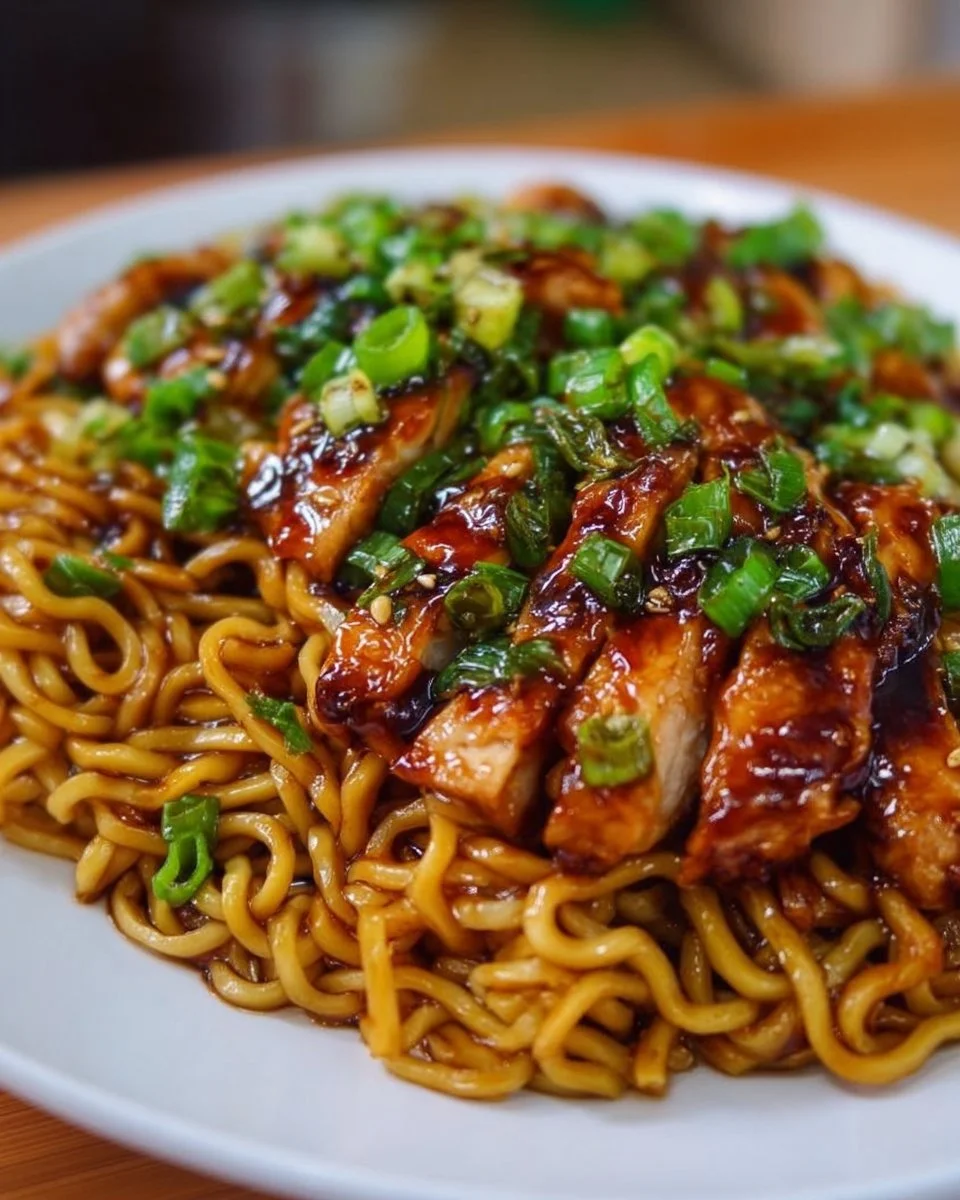 Sticky garlic chicken noodles served in a bowl with vegetables