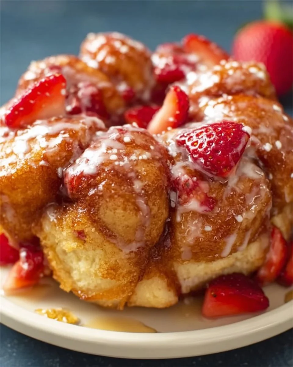 Delicious Strawberry Monkey Bread fresh out of the oven, garnished with strawberries.