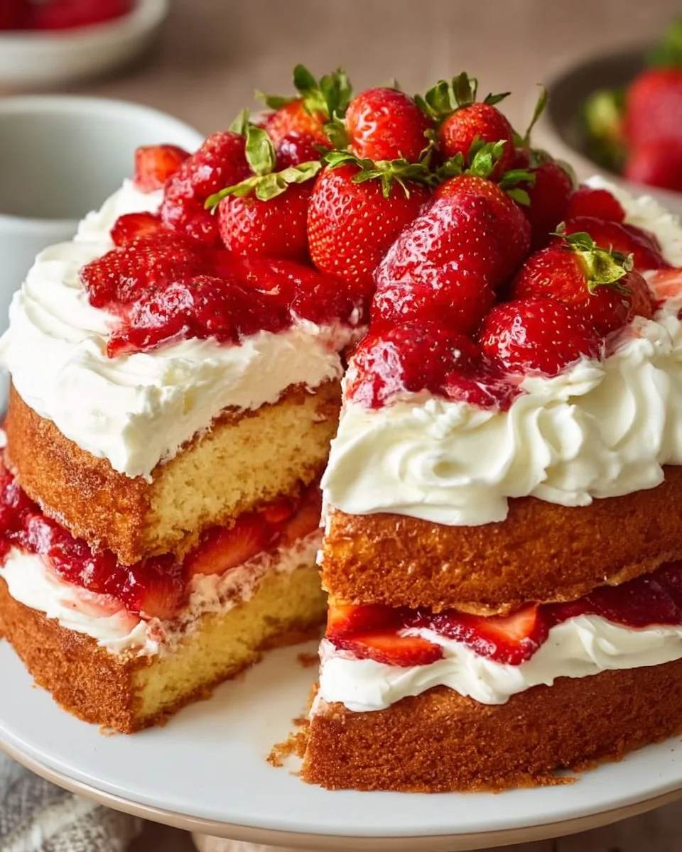 Freshly baked strawberry shortcake with whipped cream and berries on top