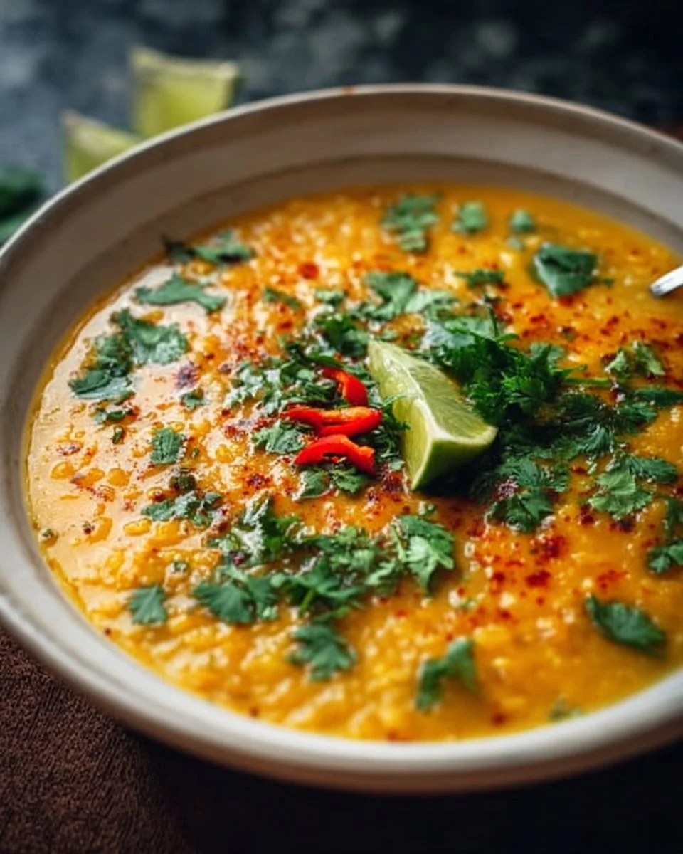 Bowl of Thai coconut red lentil soup garnished with herbs and lime.