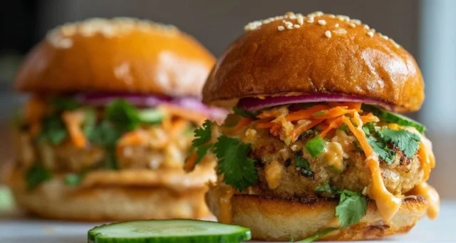 Delicious Thai Peanut Turkey Burgers topped with crunchy vegetables and peanut sauce.