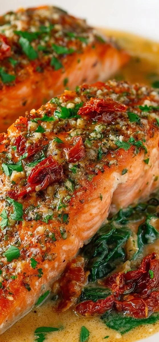 Delicious Tuscan Salmon topped with fresh herbs and spices