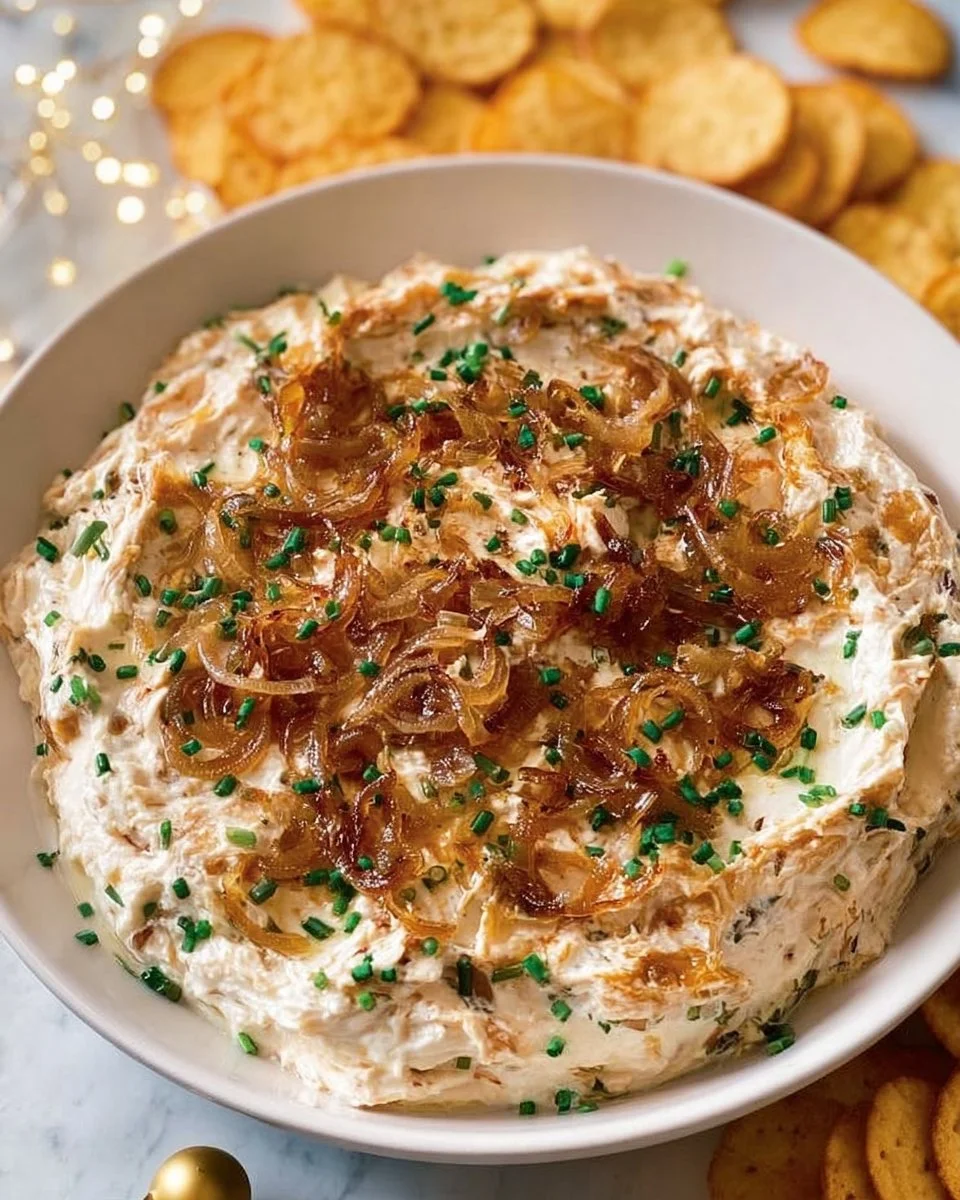 Delicious caramelized onion dip served in a bowl with fresh herbs and chips