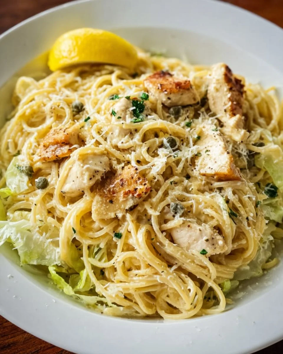 Delicious Chicken Caesar Pasta with grilled chicken, creamy dressing, and fresh ingredients.