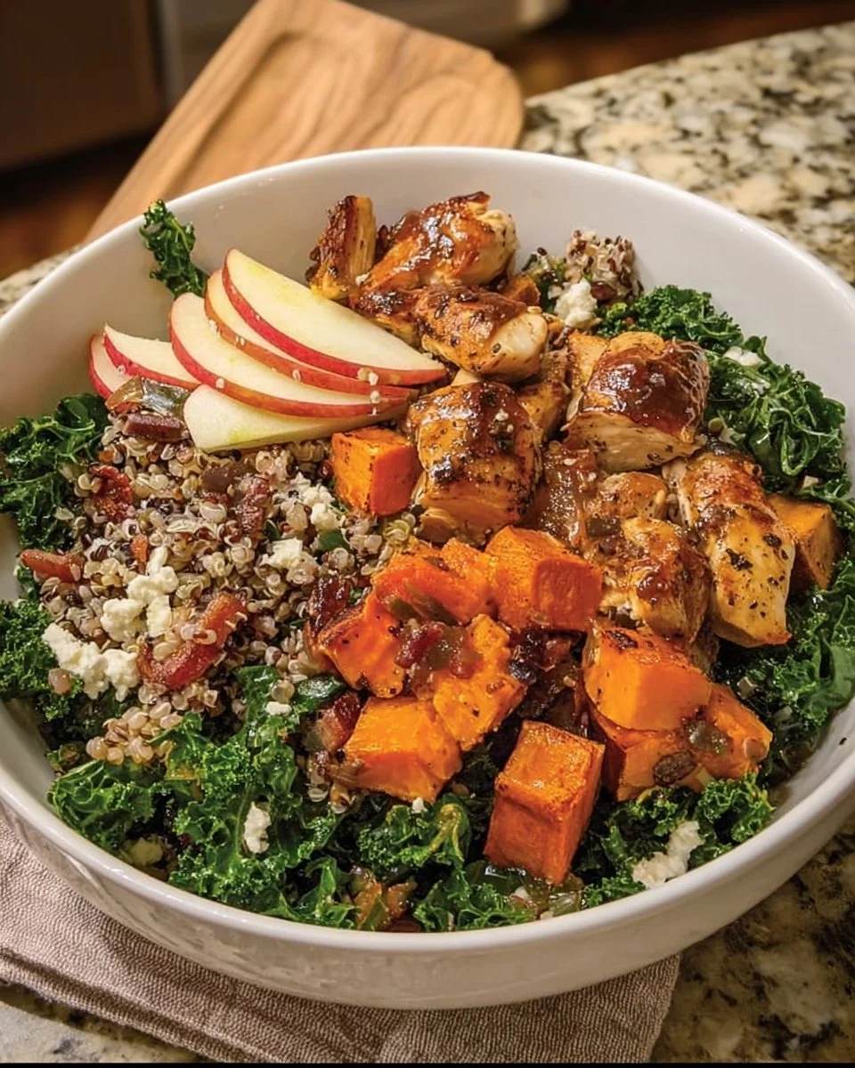Delicious Chicken Harvest Bowl with fresh vegetables and savory chicken on a plate