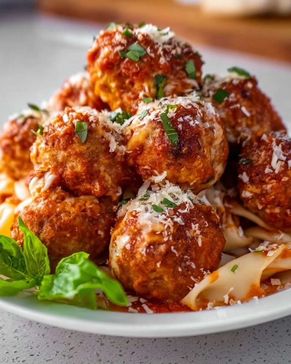 Delicious Chicken Parm Meatballs served with marinara sauce and melted cheese