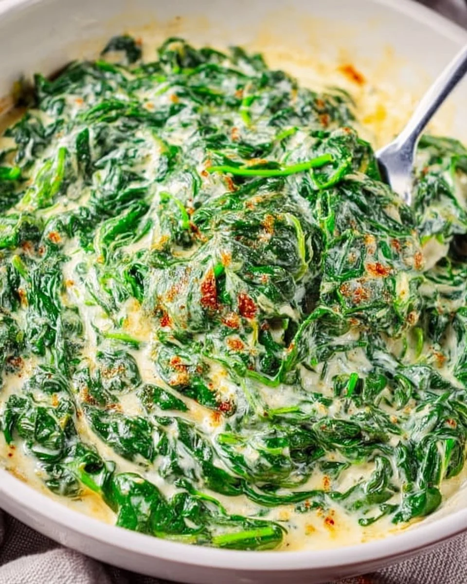 Delicious homemade creamed spinach served in a bowl
