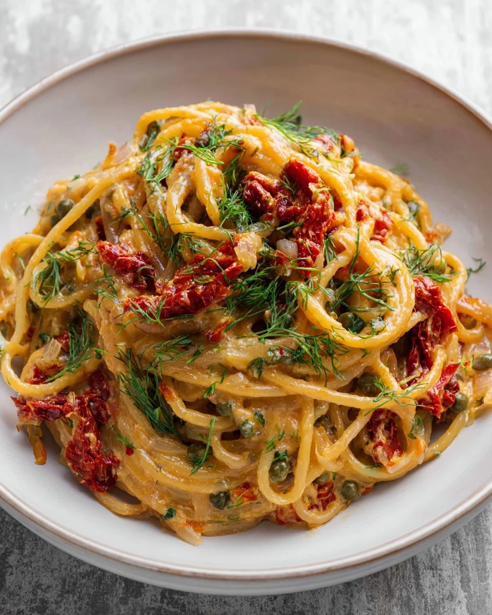 Creamy sun-dried tomato pasta with capers and dill served in a bowl.