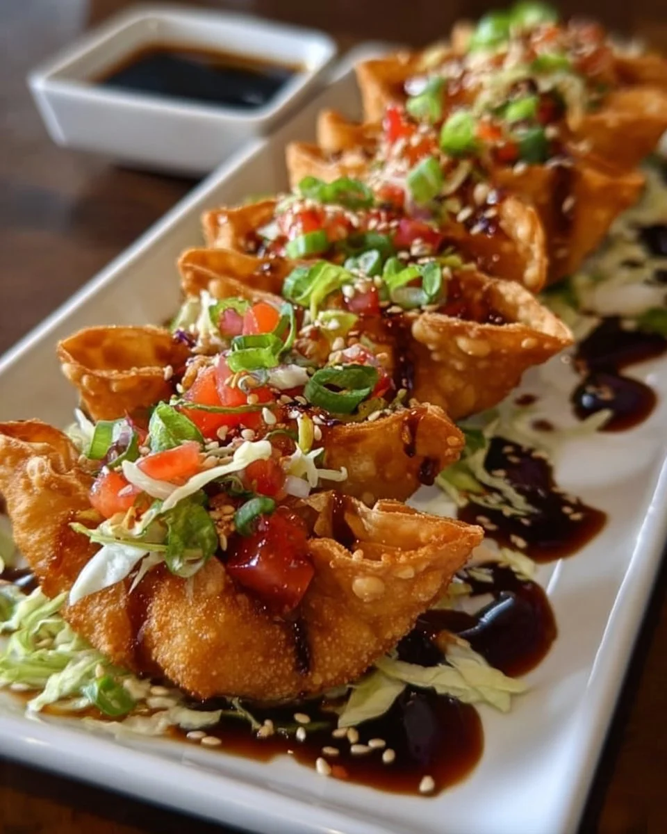Crispy teriyaki chicken wonton tacos garnished with fresh vegetables