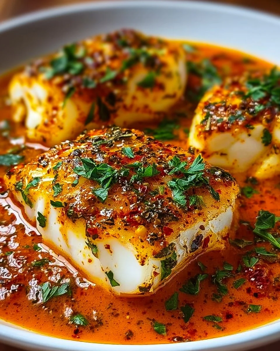 Delicious cod fillets in roasted red pepper sauce garnished with herbs