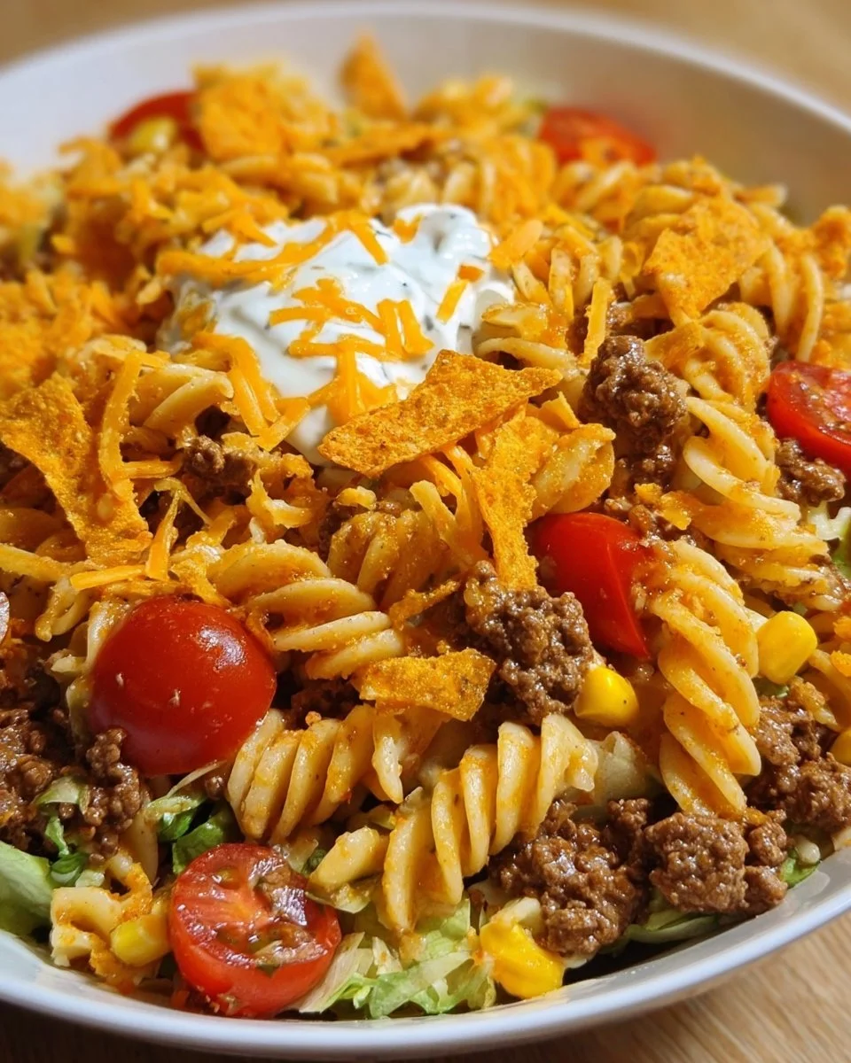 Doritos Crazy Taco Pasta Salad with vibrant ingredients and taco flavors.