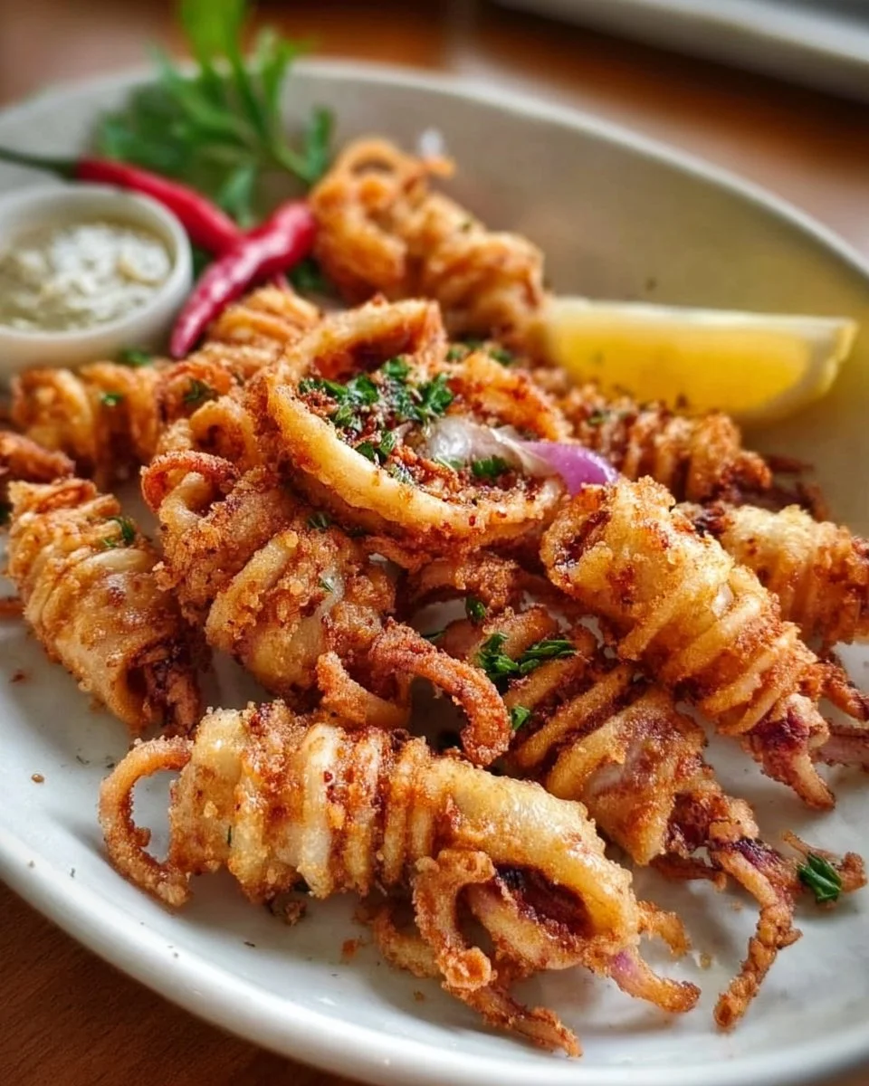 Crispy fried squid served with dipping sauce and lemon