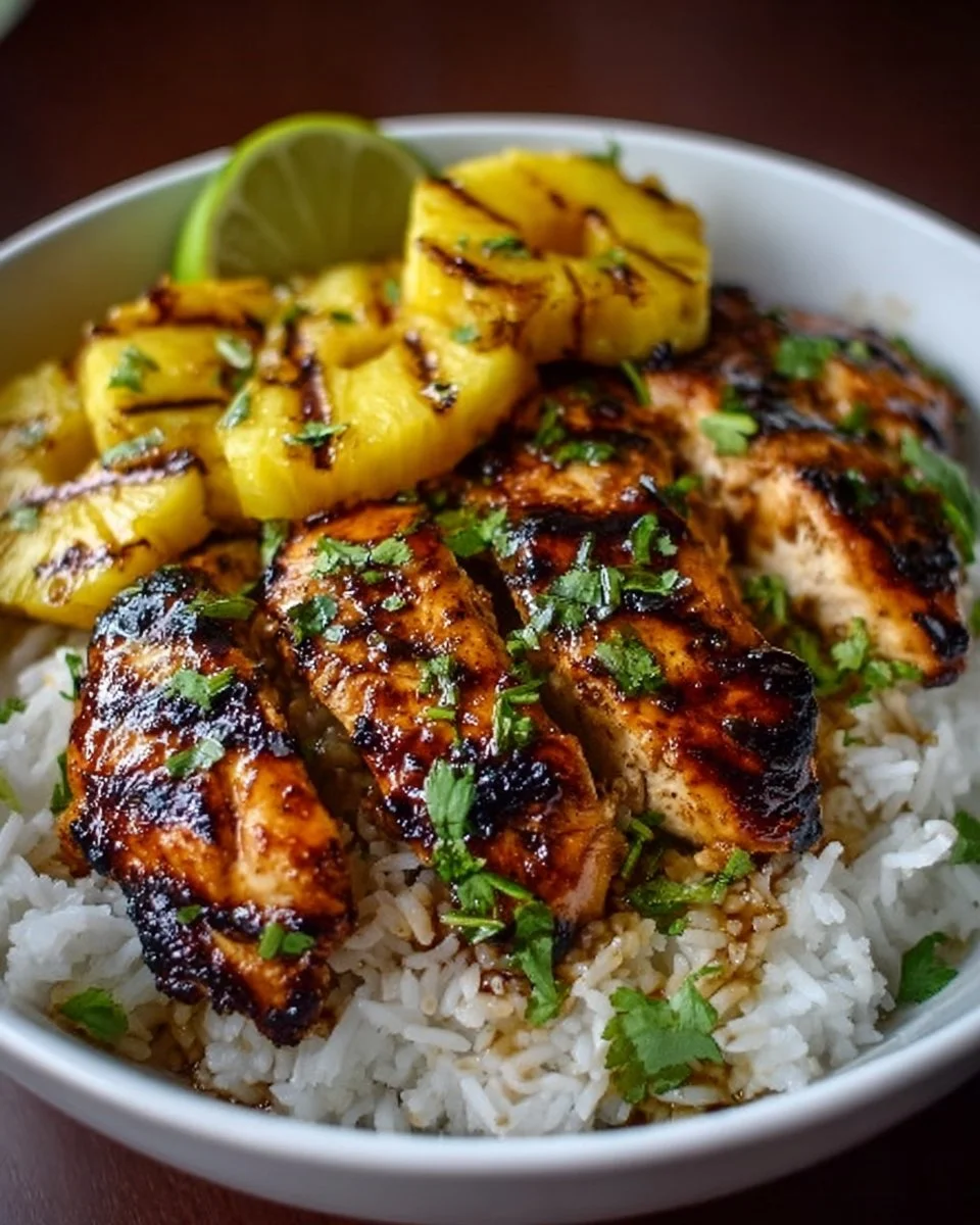 Delicious grilled chicken and pineapple bowls served in a colorful dish