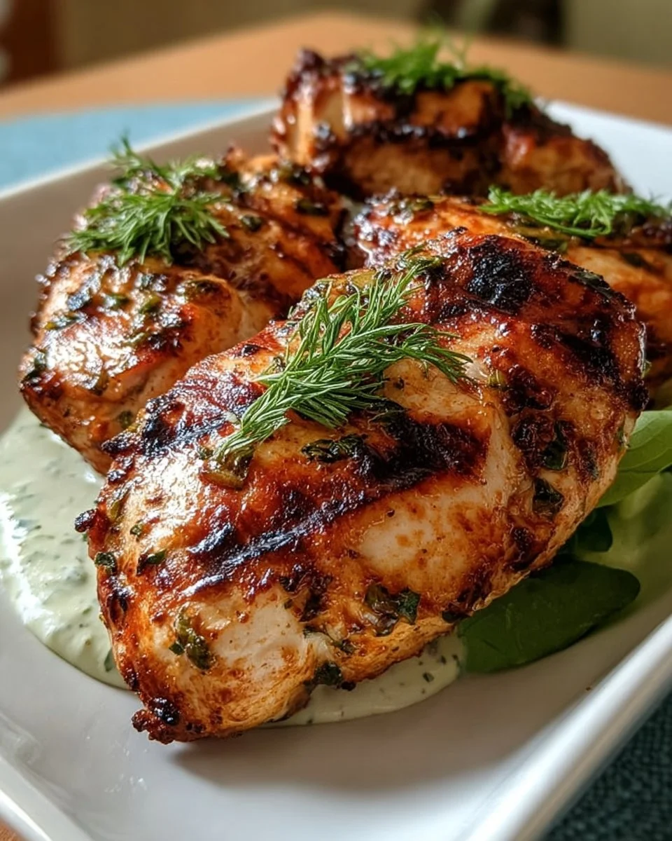 Juicy grilled chicken breast garnished with herbs on a plate