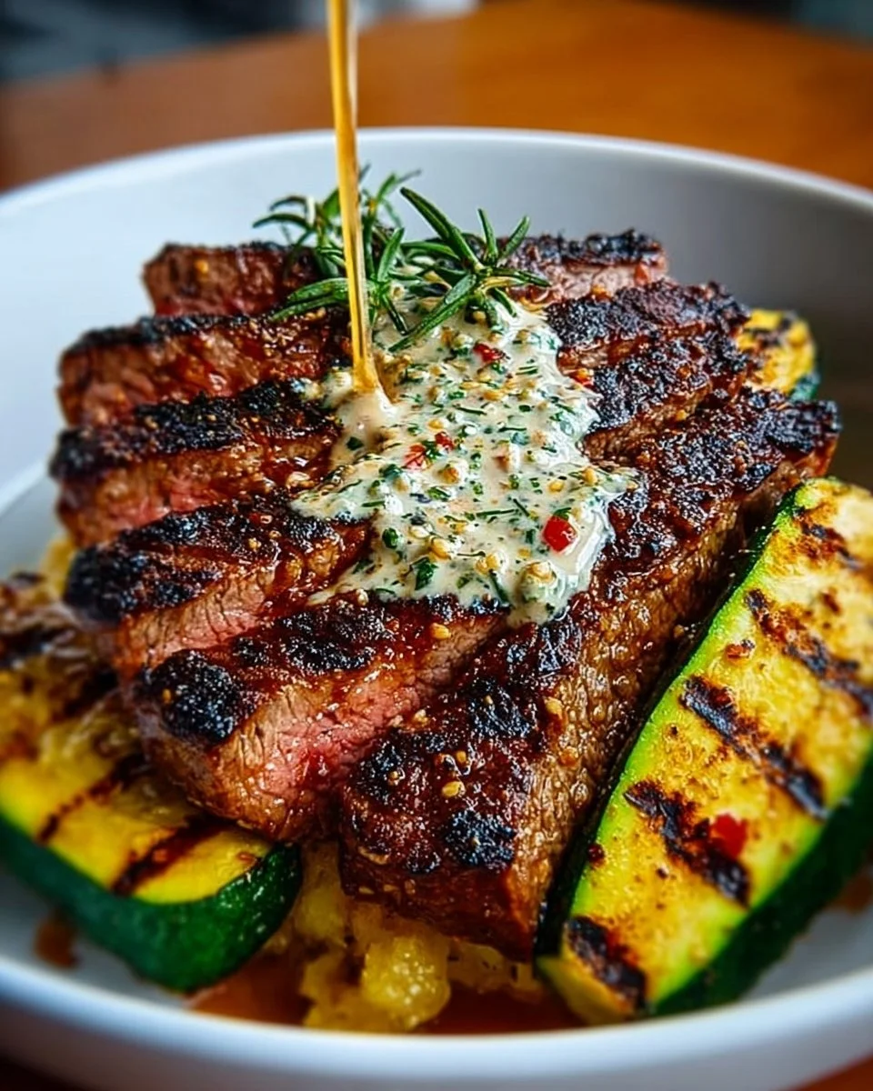 Grilled Steak Bowl with Sauce &amp; Grilled Zucchini