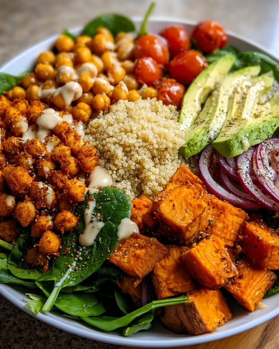 High Protein Buddha Bowl with colorful vegetables and grains