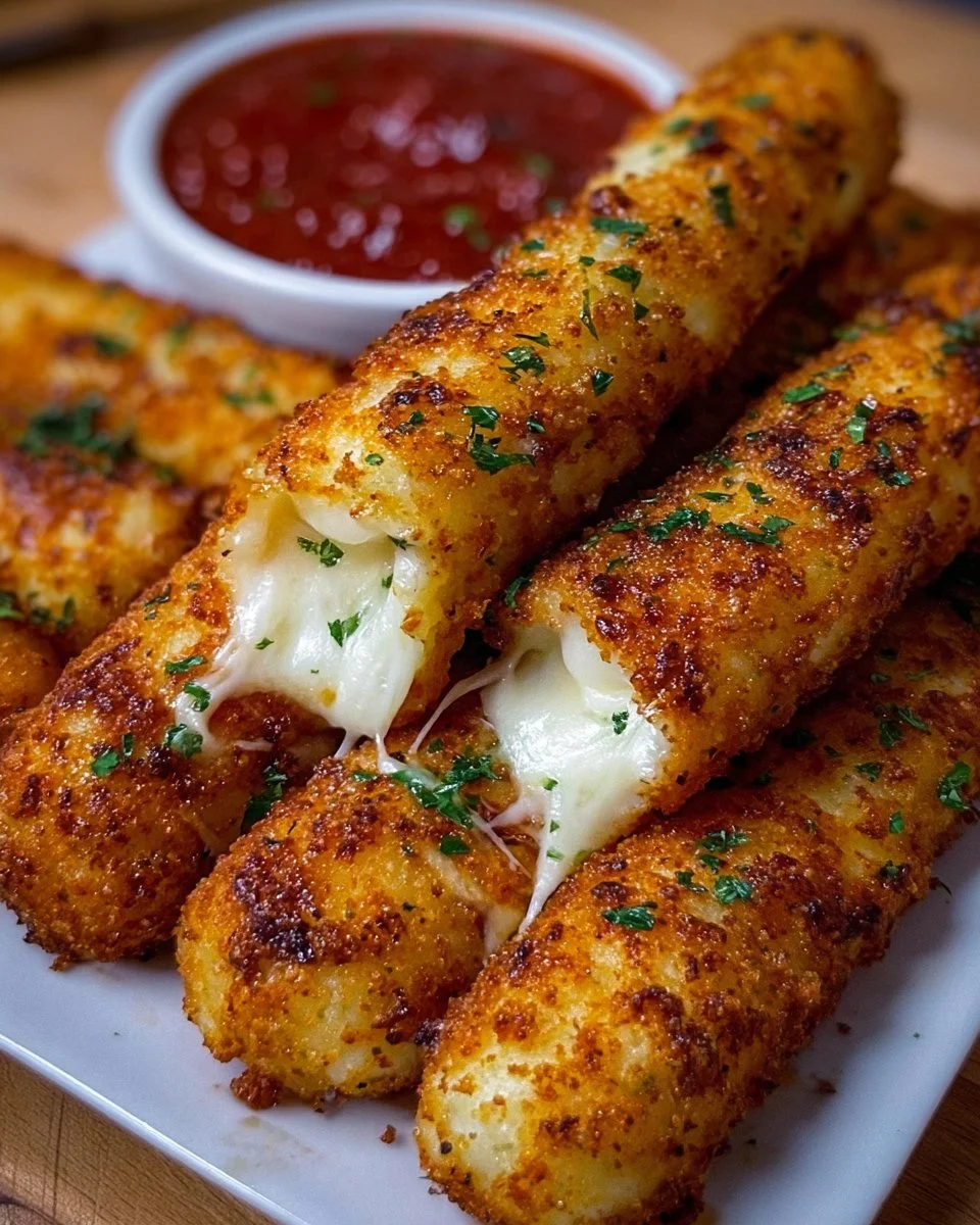 Baked homemade mozzarella sticks served with marinara sauce