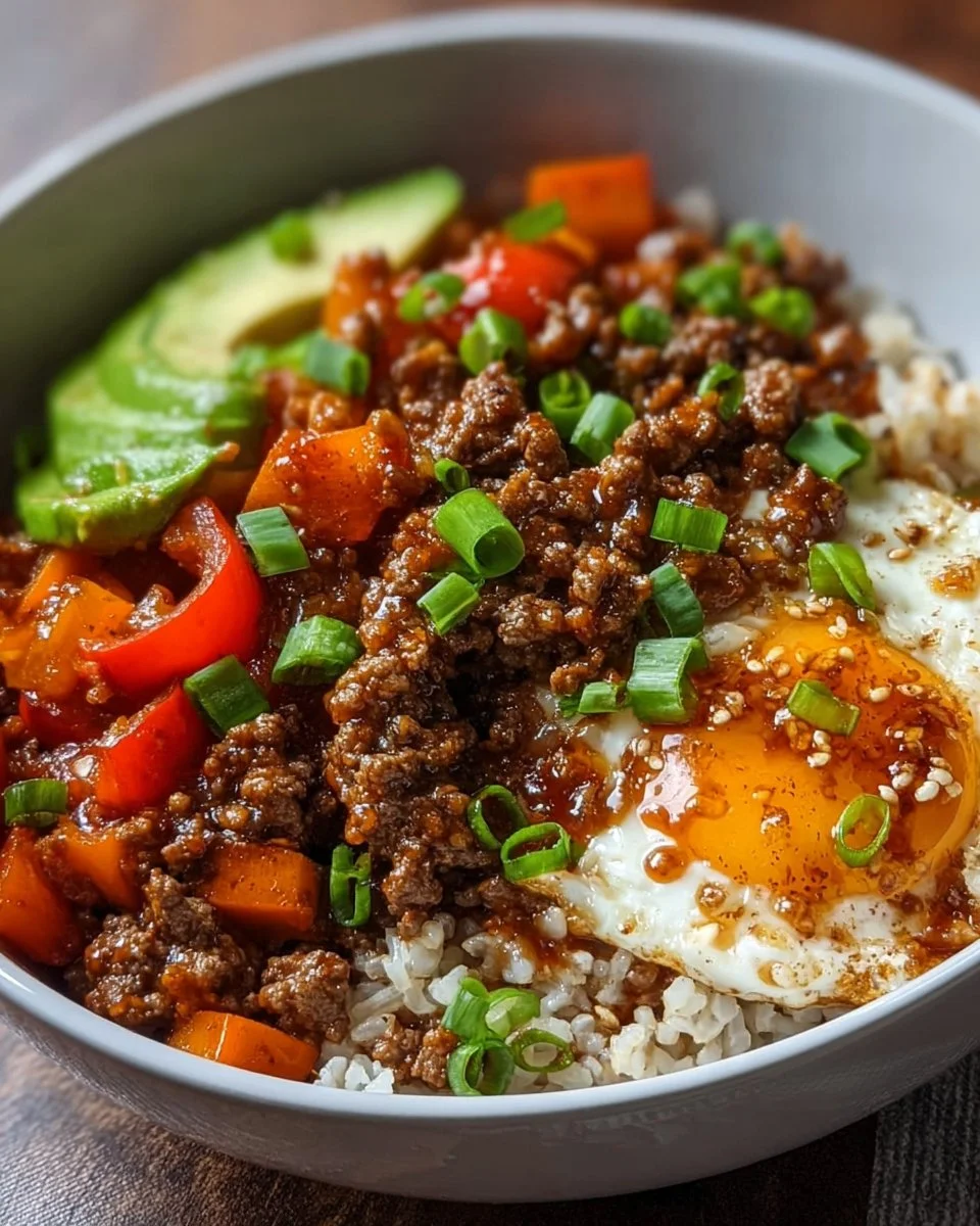 Hot Honey Ground Beef Bowls with fresh ingredients and vibrant colors