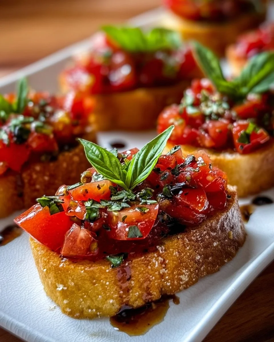 Delicious Italian Tomato Bruschetta topped with fresh basil and garlic