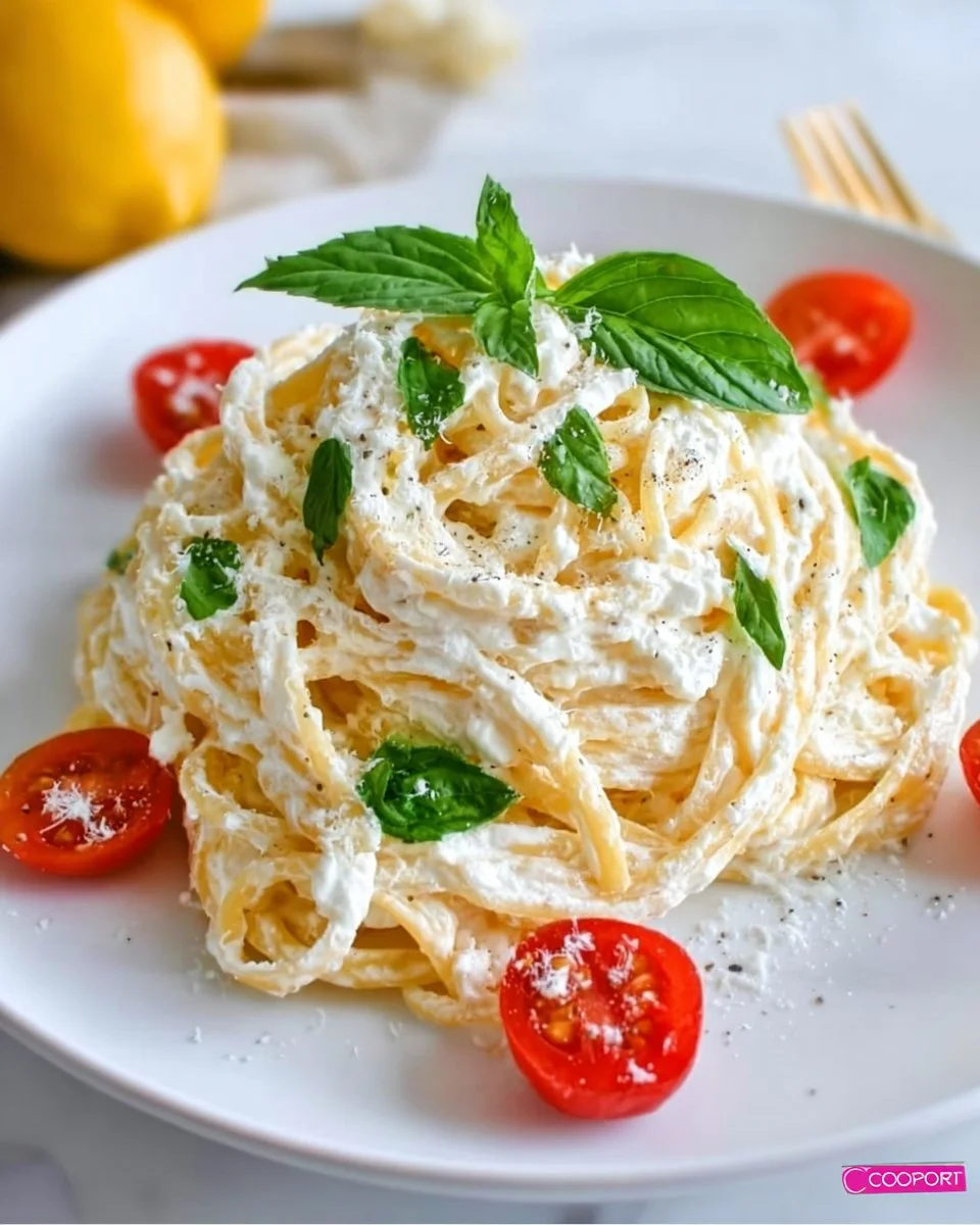 Delicious Lemon Ricotta Pasta served in a white bowl with fresh herbs