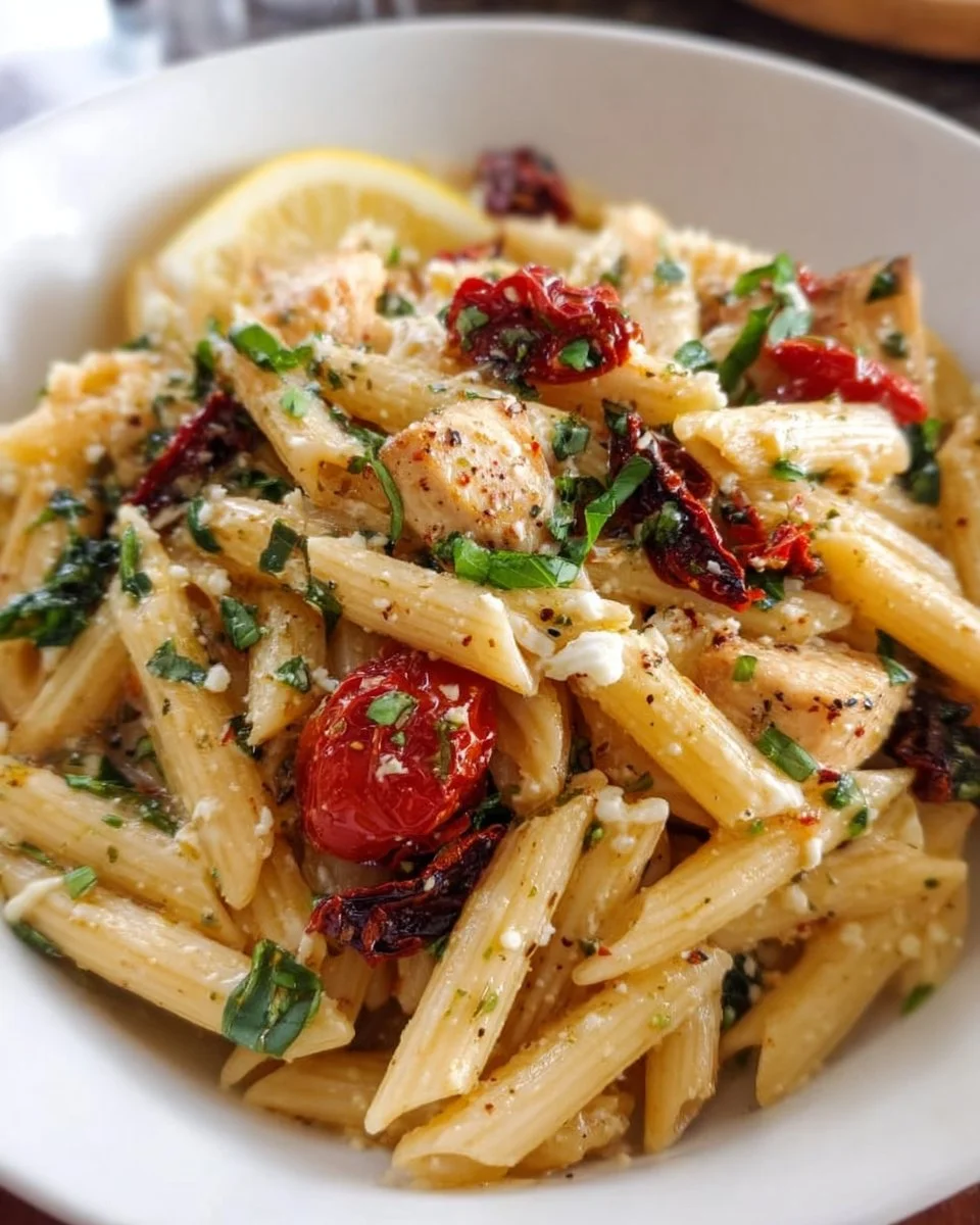 Bowl of Mediterranean Pasta with vegetables and herbs