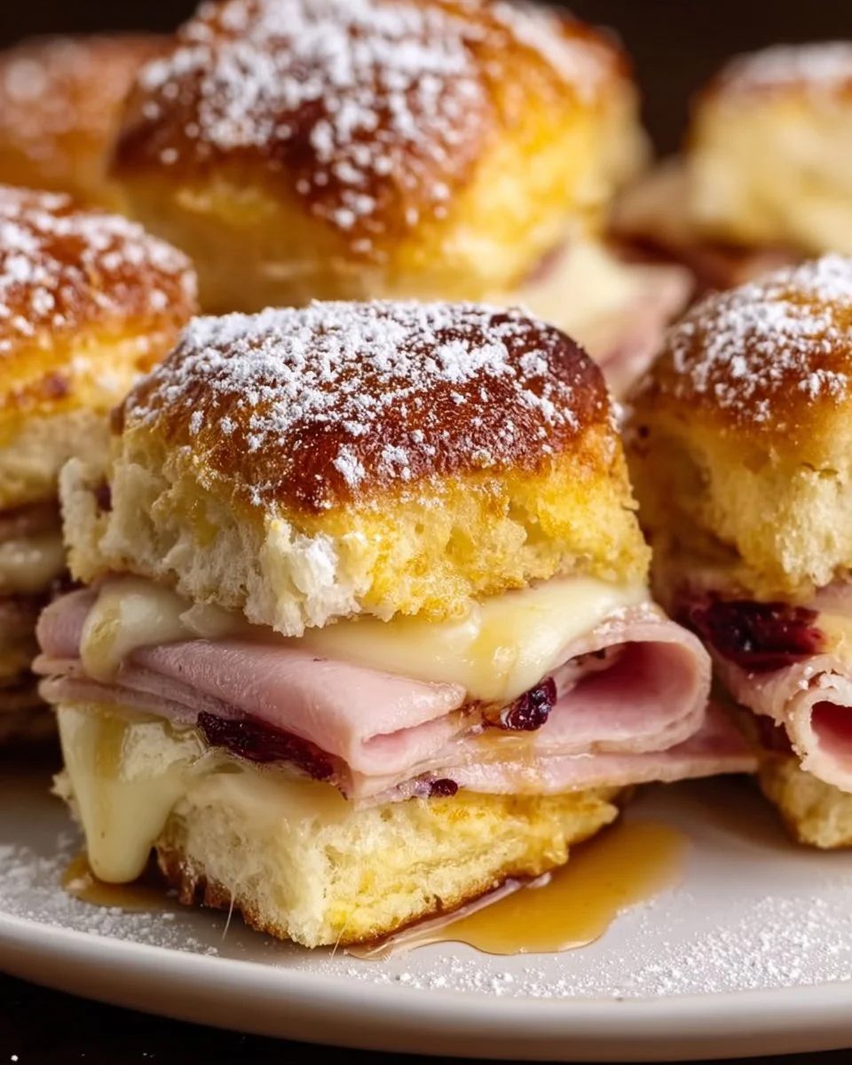 A platter of Monte Cristo sliders featuring ham, turkey, and cheese.