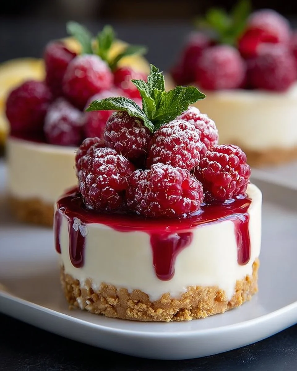 No-Bake Lemon Raspberry Cheesecake in a clear glass dish topped with fresh raspberries
