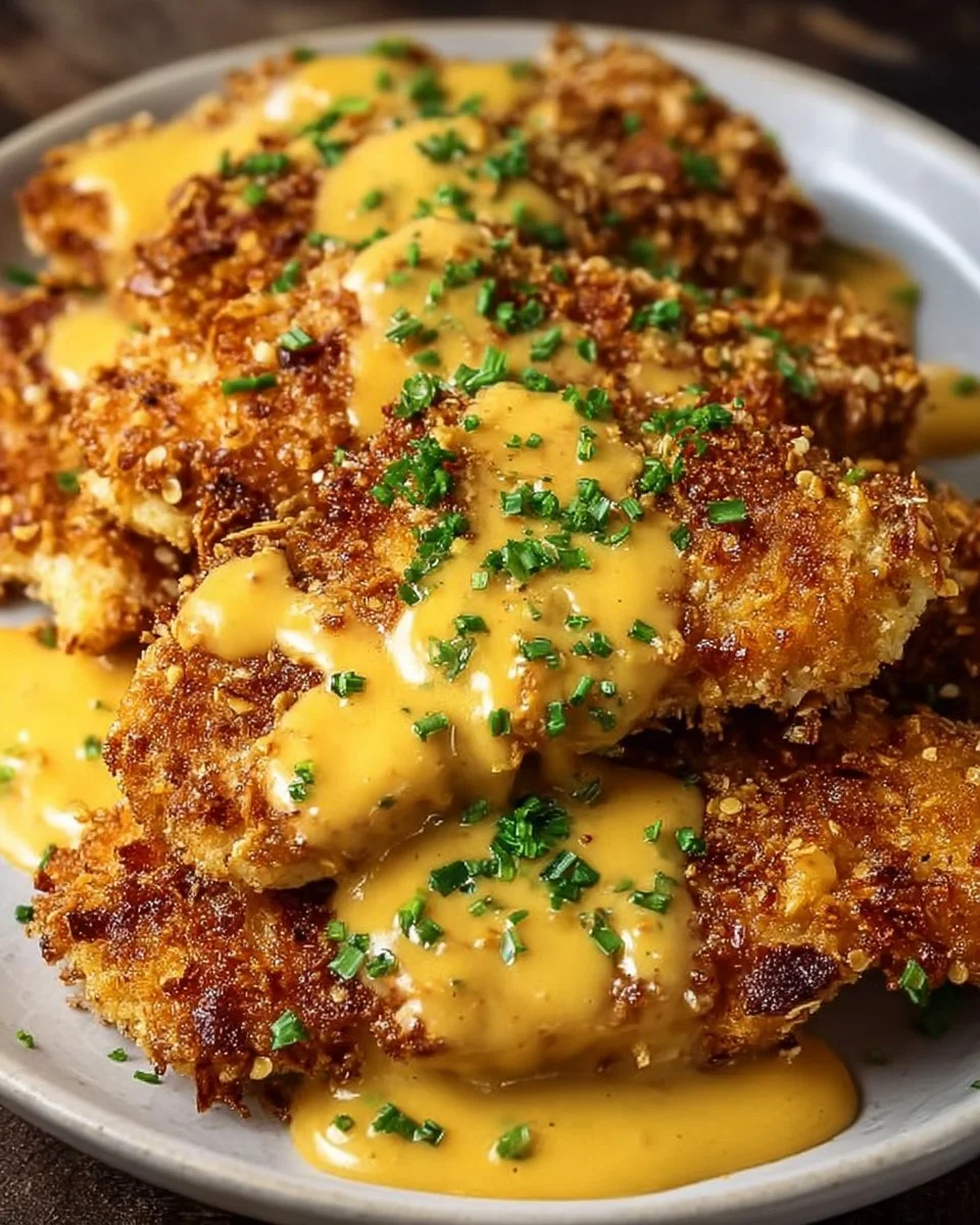Pretzel-Crusted Chicken with Creamy Mustard Cheddar Sauce