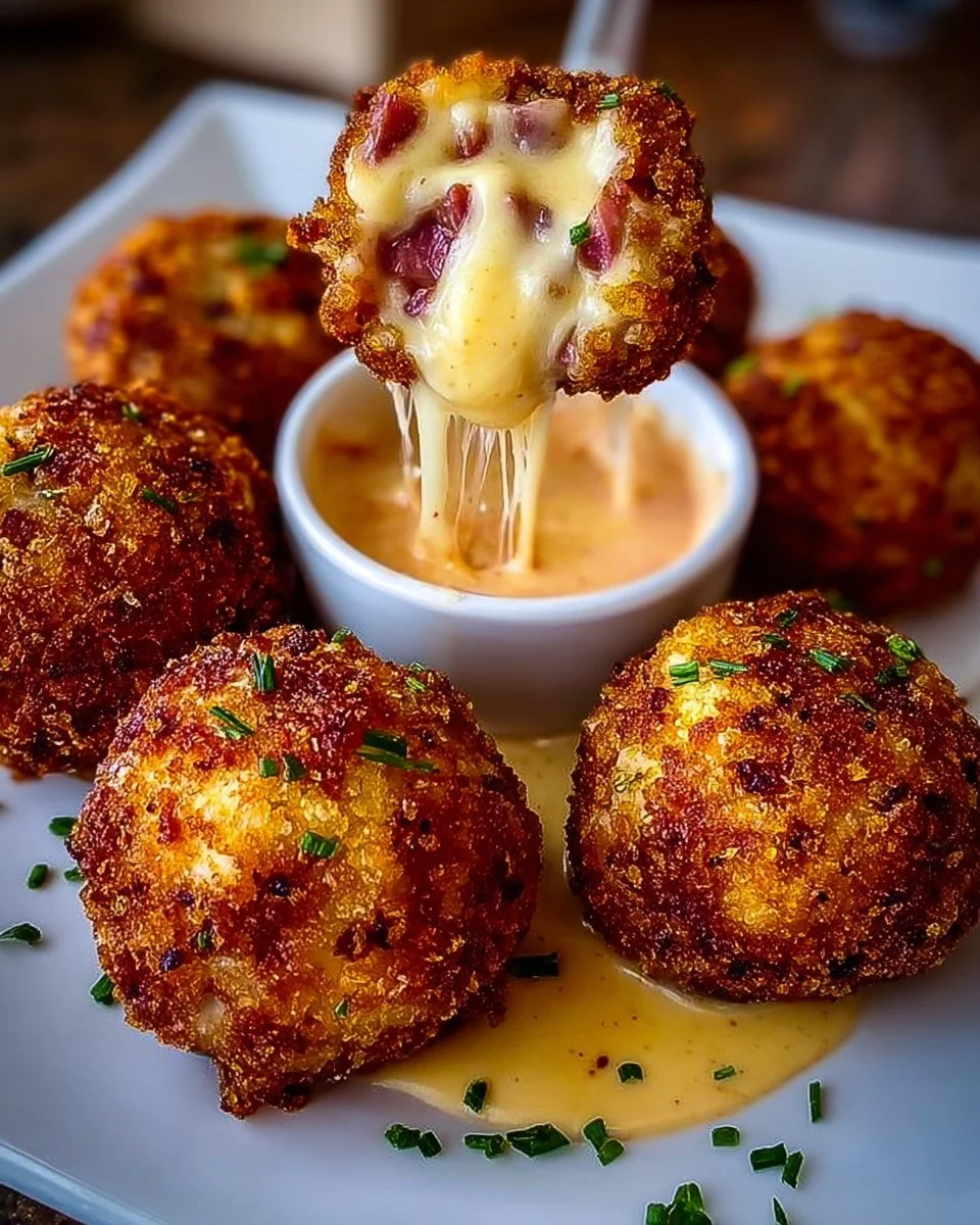 Delicious Reuben Balls with spicy Thousand Island dipping sauce served on a plate.