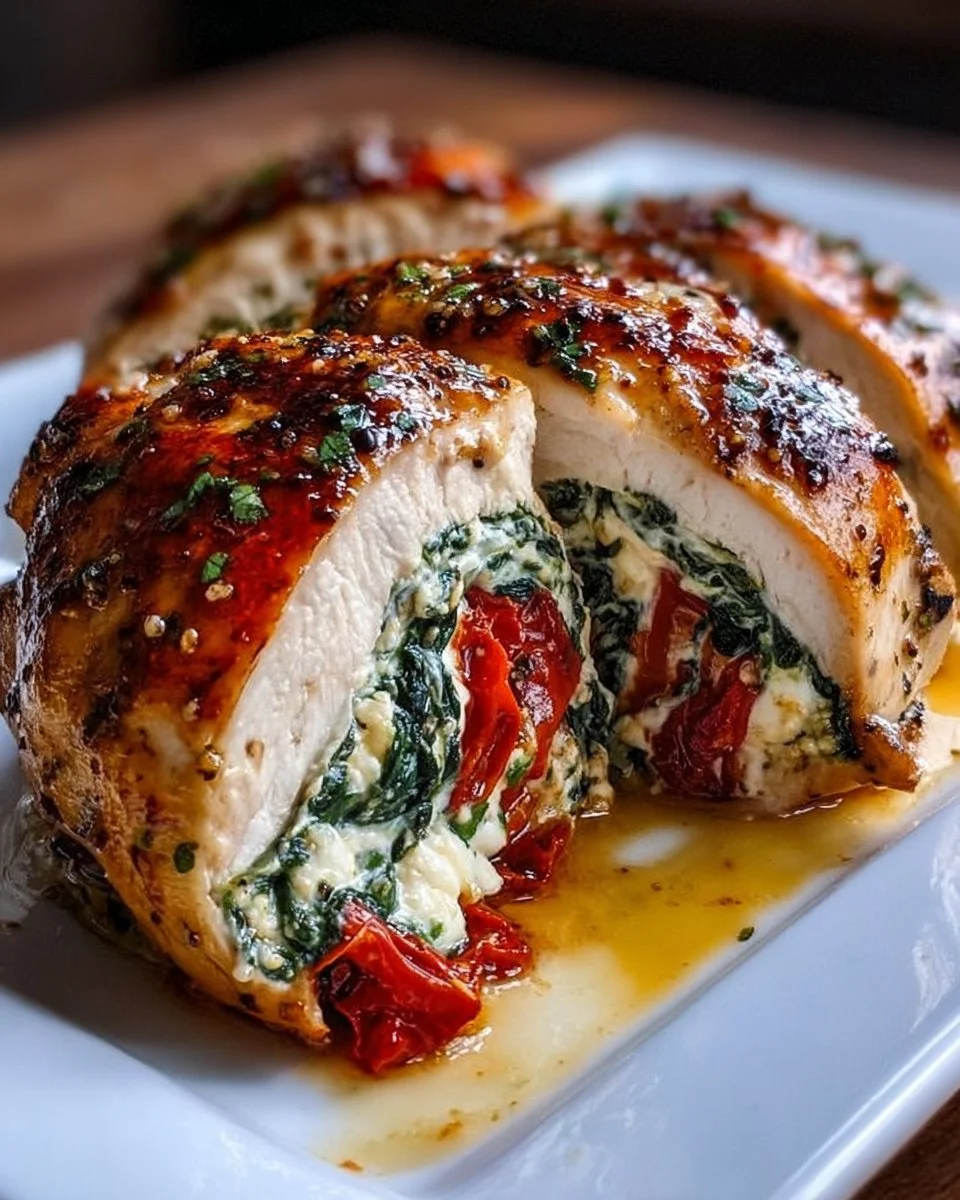 Roasted red pepper, spinach, and mozzarella stuffed chicken on a serving plate.