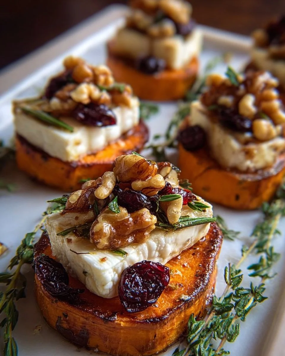 Roasted sweet potato rounds with brie, dried cherries, and toasted walnuts