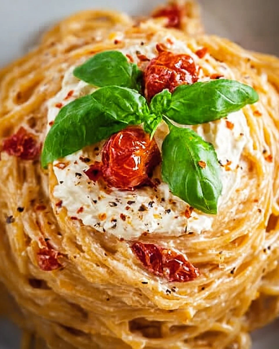 Roasted Tomato Garlic Ricotta Pasta served in a bowl with fresh basil