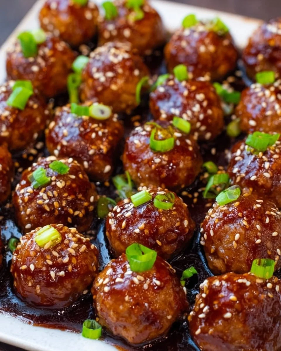 Plate of saucy Asian meatballs garnished with green onions
