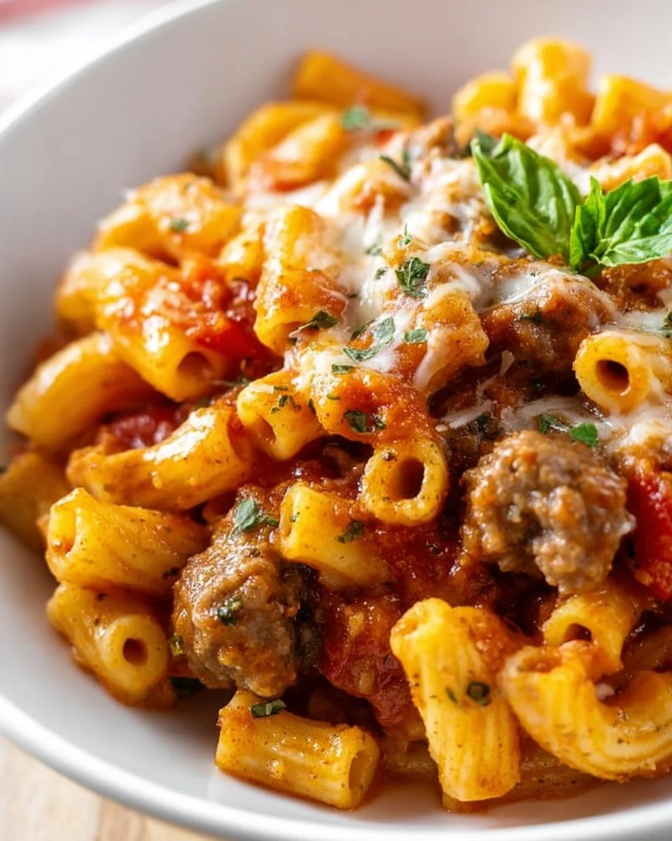 Delicious bowl of savory Italian sausage pasta garnished with herbs and cheese