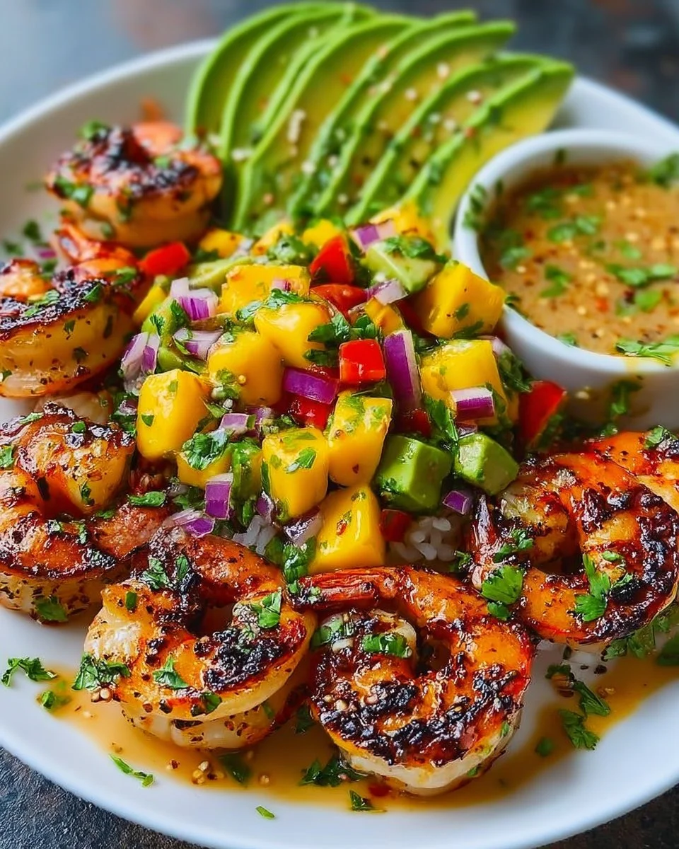 Shrimp and Avocado Bowls with Mango Salsa & Lime-Chili Sauce