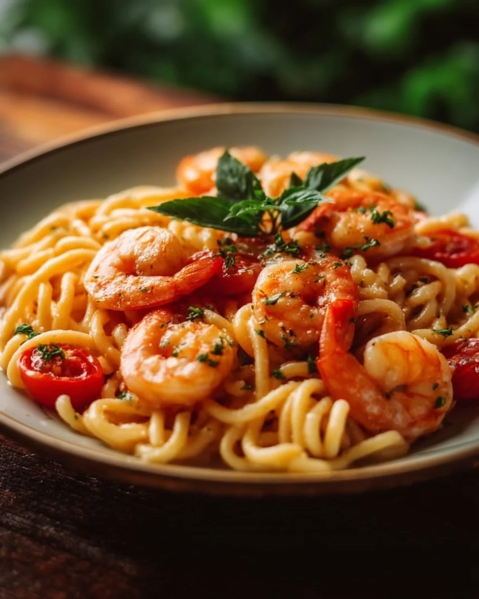 Delicious shrimp pasta dish with fresh ingredients and creamy sauce
