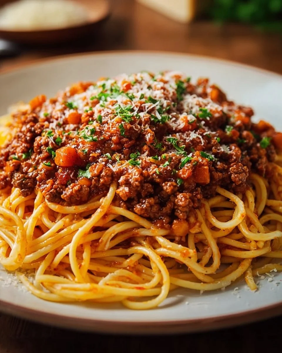A delicious plate of Spaghetti Bolognese topped with fresh herbs and grated cheese.