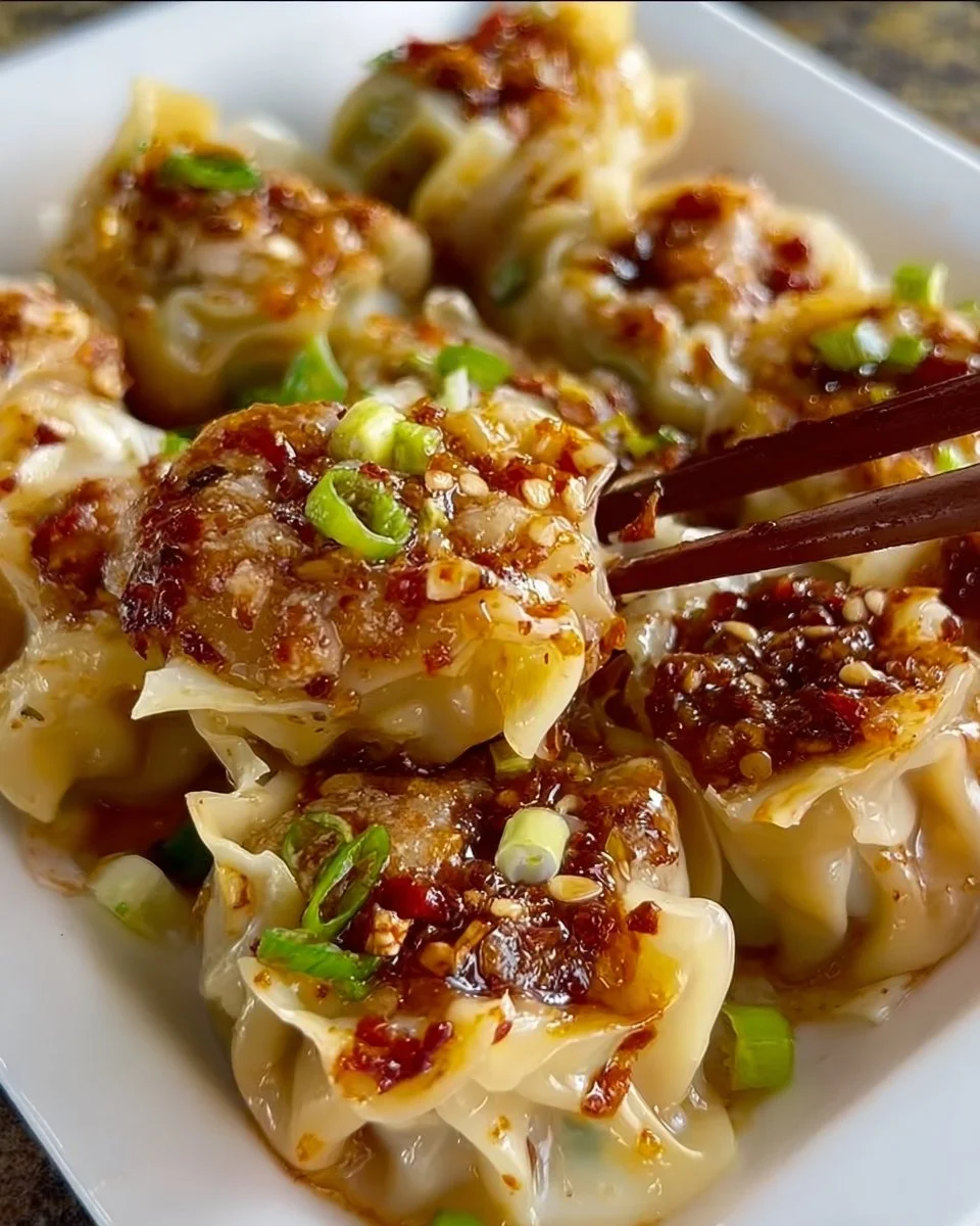 Plate of spicy dumplings garnished with green onions and chili flakes.