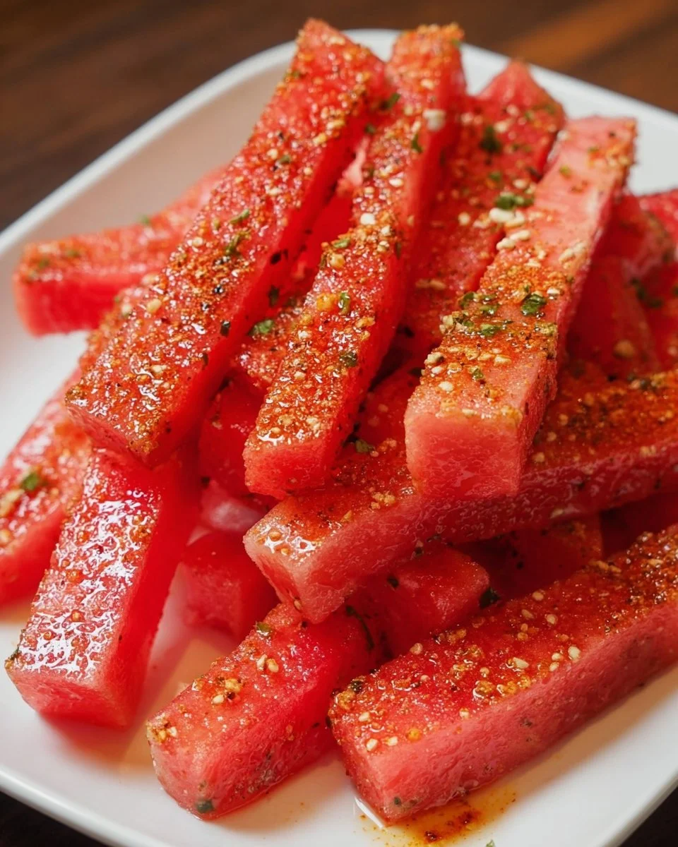 Plate of spicy watermelon fries with vibrant seasonings