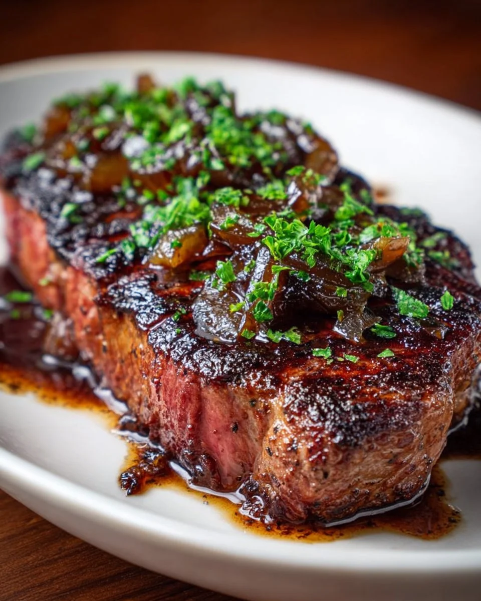 Juicy steak topped with balsamic-onion glaze served on a plate