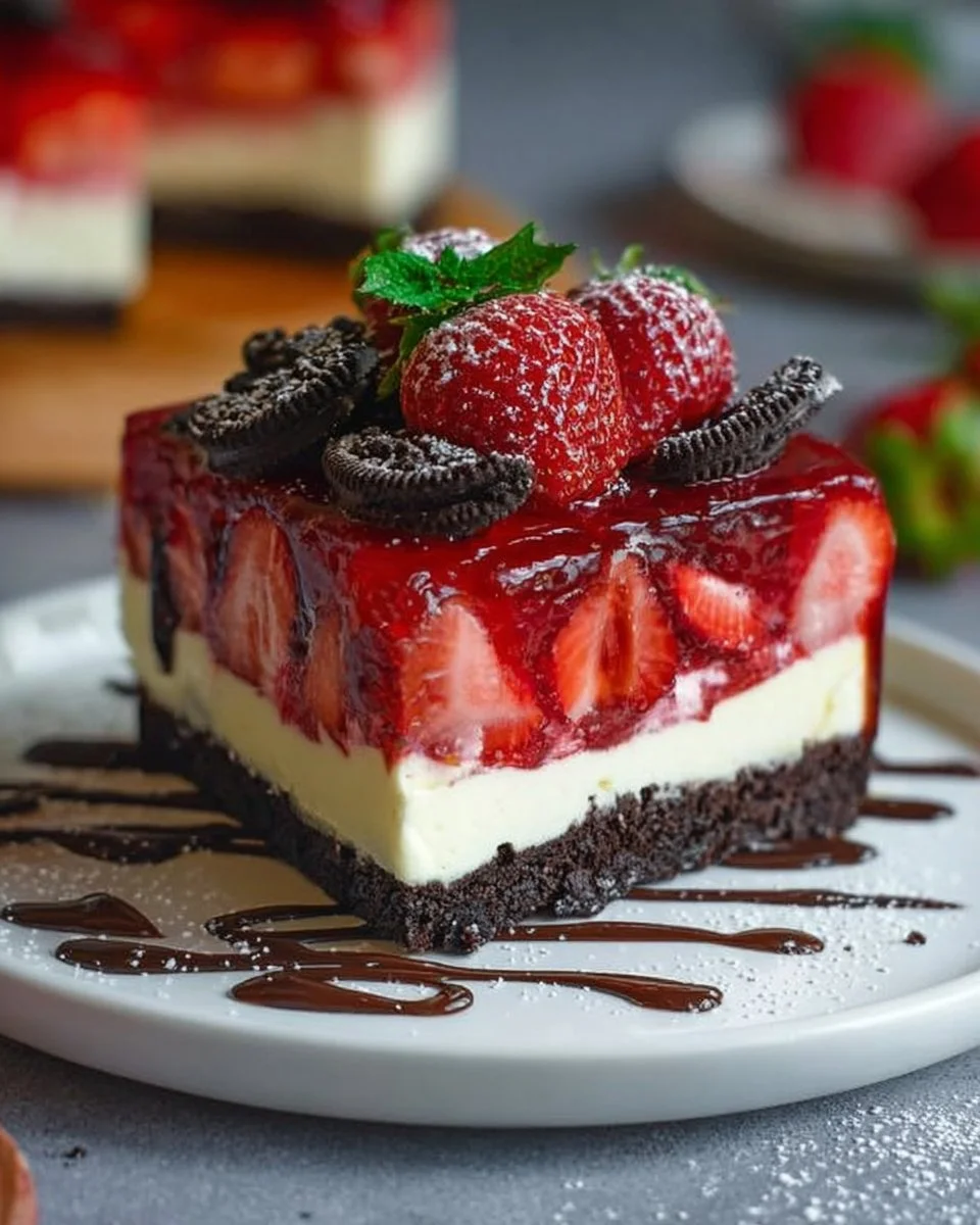 Strawberry Cheesecake with Chocolate Cookie Crust (No Bake)
