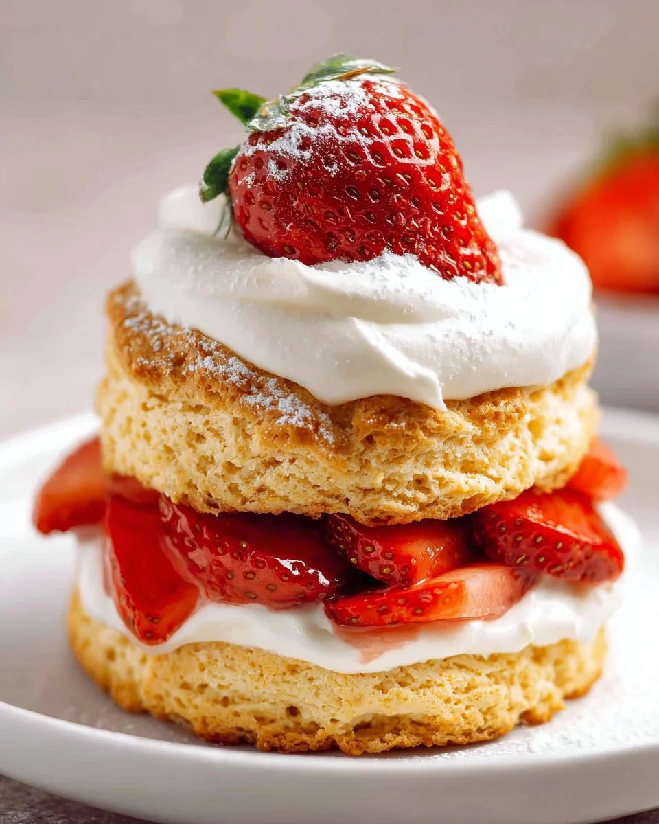 Delicious strawberry shortcake dessert topped with fresh strawberries and whipped cream