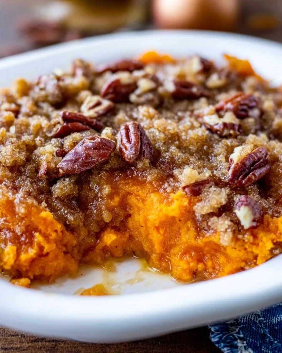 Delicious Sweet Potato Casserole topped with marshmallows and pecans