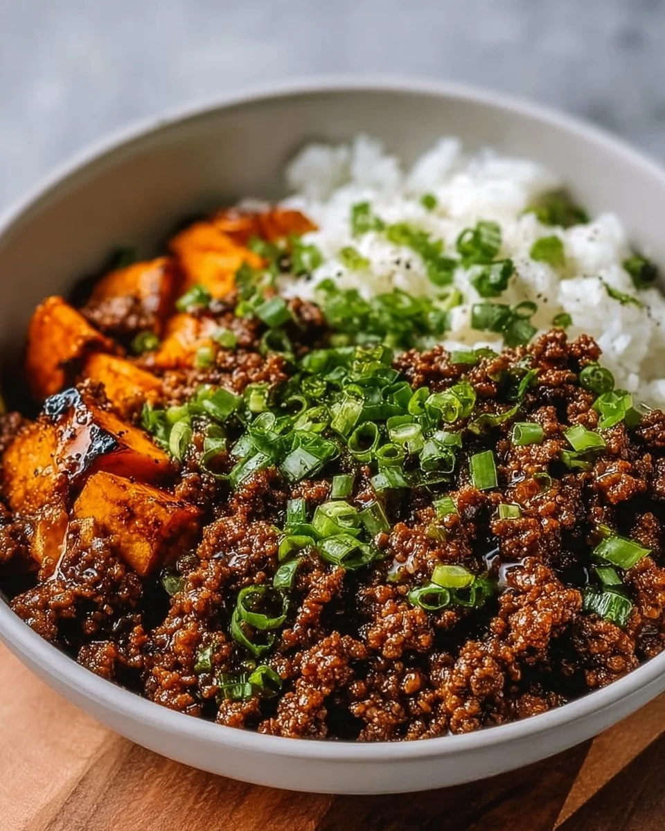 Delicious Ground Beef Hot Honey Bowl topped with spicy honey and garnished