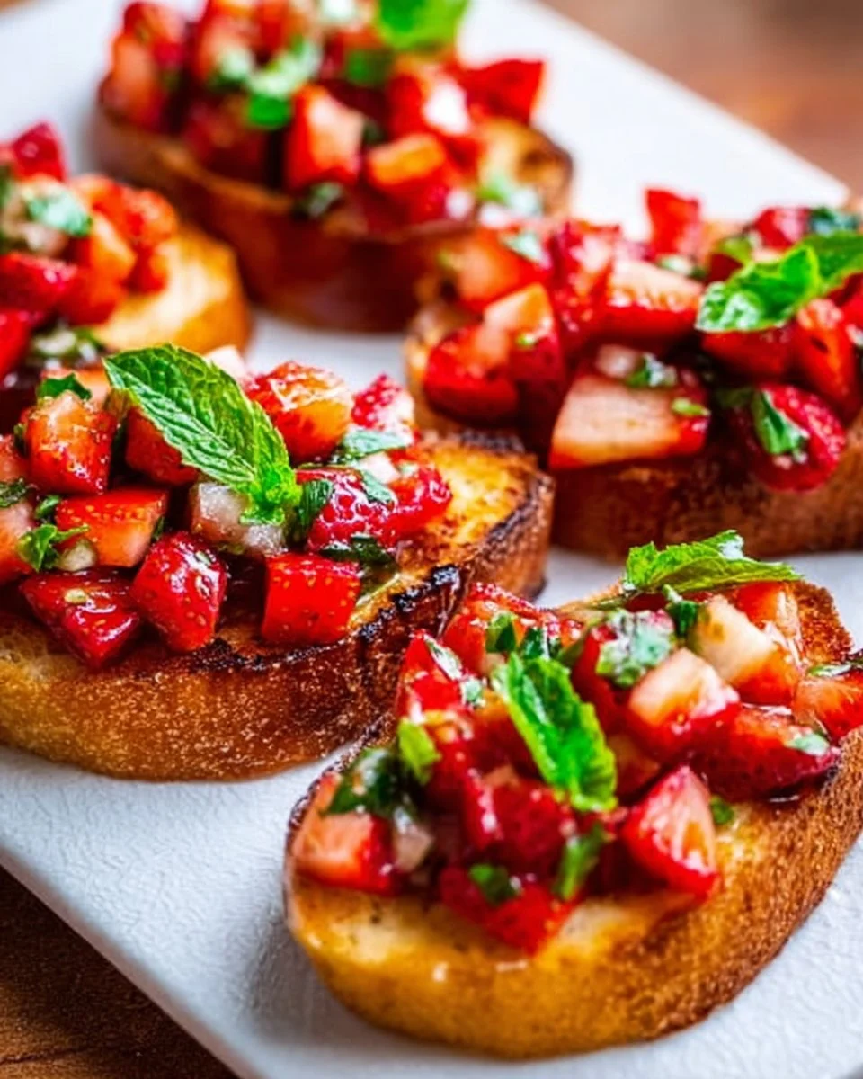 Balsamic Strawberry Crostini topped with fresh strawberries and balsamic glaze