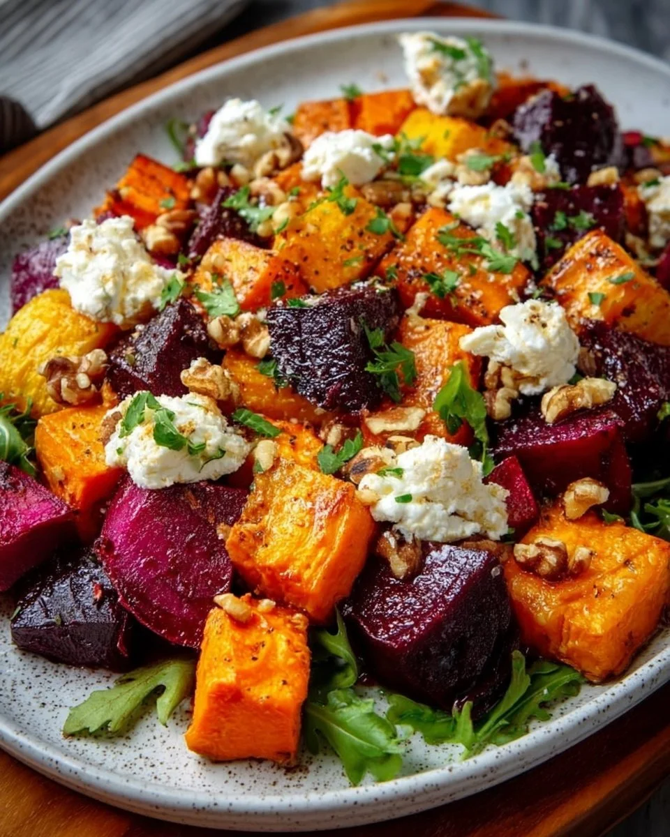 Creamy Roasted Beet Salad with Sweet Potato & Feta