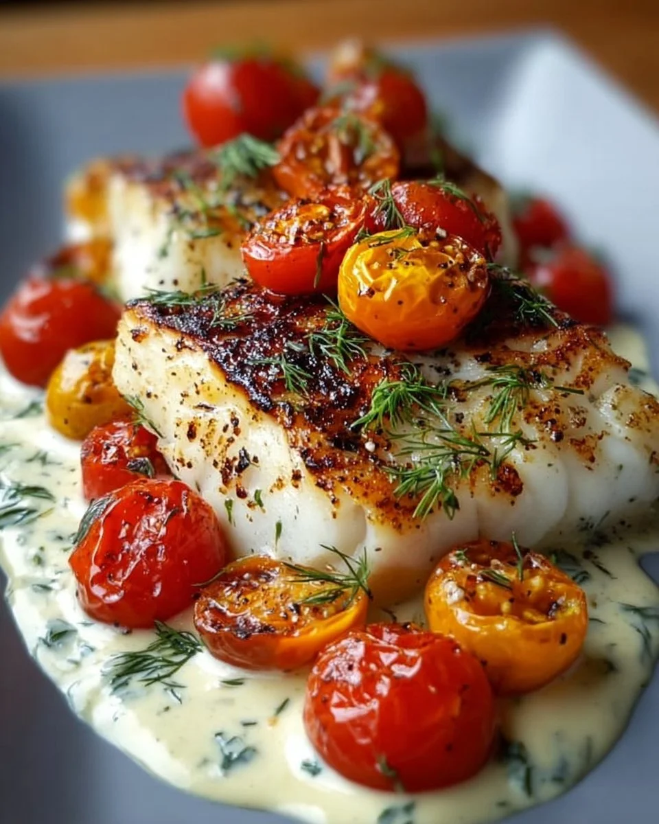 Grilled Cod with Roasted Tomatoes & Creamy Dill Sauce