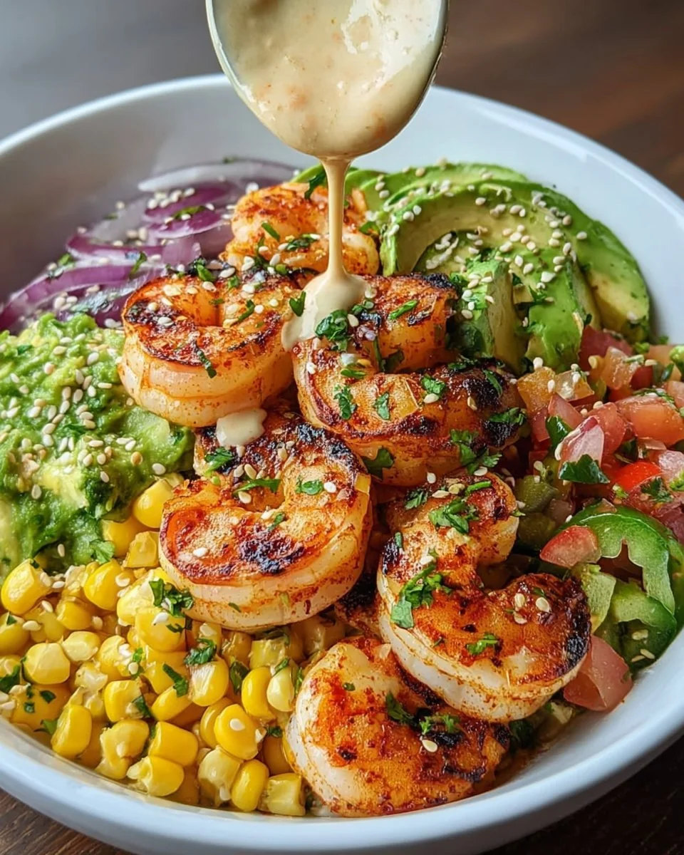 Grilled Shrimp Bowl with Avocado, Corn Salsa & Creamy Garlic Sauce